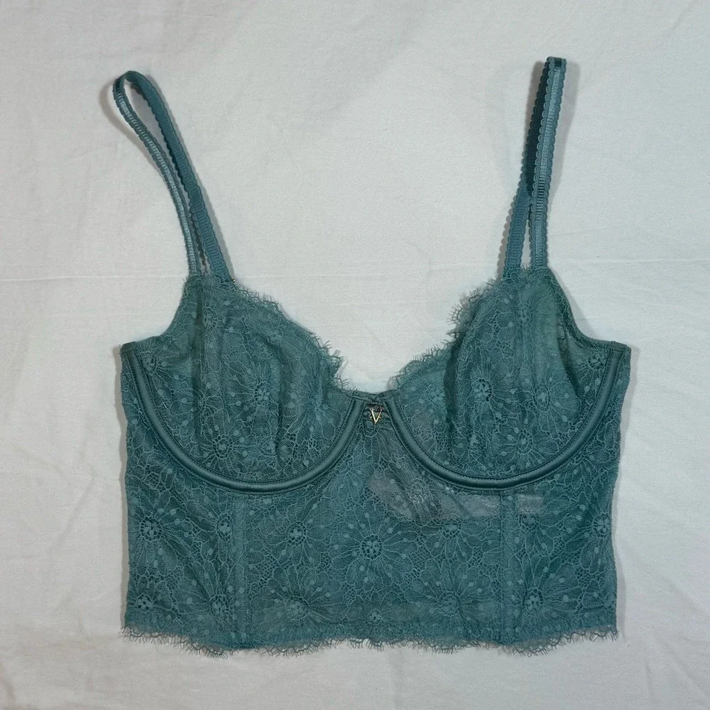 Victorias Secret Teal Floral Lace Longline/Corset Bra Unlined Underwire 32D